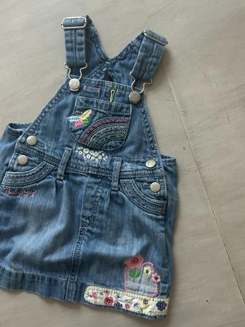 Vintage Y2K BabyGap Denim Overall Jumper Dress Size 6-12 Months Embroidered